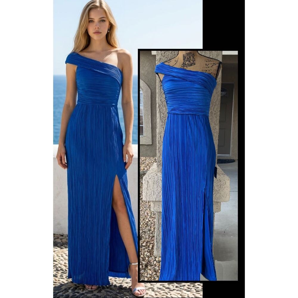 Lulus Poised Performance Blue Plisse One-Shoulder Maxi Dress Size XL NEW
